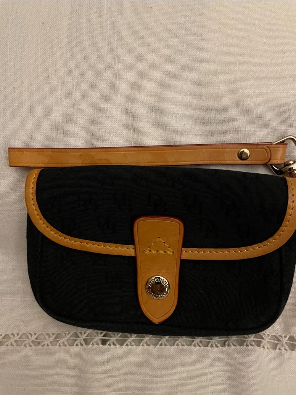 Dooney & Bourke Black Canvas & Tan Leather Trim, Strap Wristlet EUC